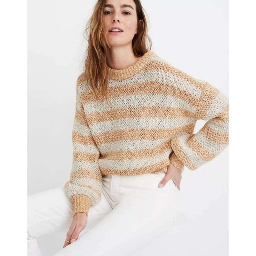 Madewell Medium Baez Pullover Sweater Striped Orange Cream Open Knit Wool Alpaca